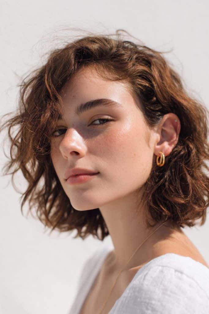 30 Low Maintenance Summer Haircuts Youll Want to Rock Portrait of a woman with short curly hair wearing earrings and a white top, looking confidently at the camera. | Sky Rye Design Portrait of a woman with short curly hair wearing earrings and a white top, looking confidently at the camera.