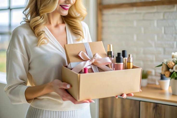 Woman holding a beautifully wrapped gift box filled with luxurious skincare and beauty products, perfect for a thoughtful present.