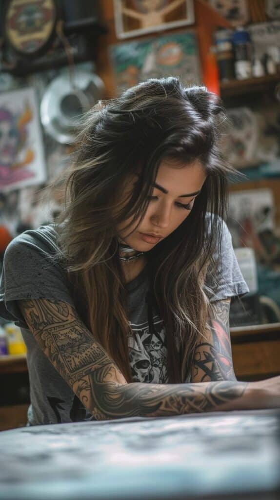 30c61aa888930f5604aaa925e6bfd35f Tattooed woman in a studio, focused on designing artwork, surrounded by colorful art pieces. | Sky Rye Design Tattooed woman in a studio, focused on designing artwork, surrounded by colorful art pieces.