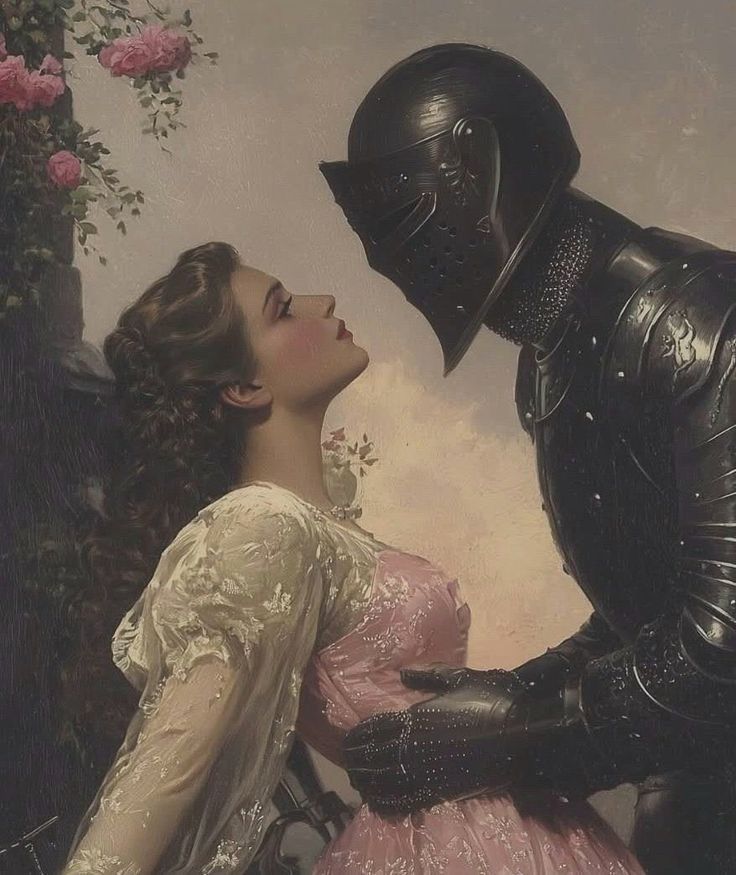 _ 31 Romantic encounter between a woman in vintage attire and a knight in armor under a rose-adorned archway. | Sky Rye Design Romantic encounter between a woman in vintage attire and a knight in armor under a rose-adorned archway.