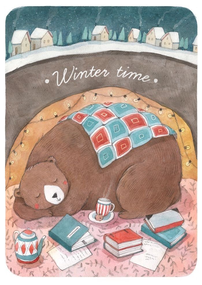 _ 31 Cozy winter illustration: Bear hibernating with books, tea, and blanket. Winter time text above. Homes and trees in snowy background. | Sky Rye Design Cozy winter illustration: Bear hibernating with books, tea, and blanket. Winter time text above. Homes and trees in snowy background.