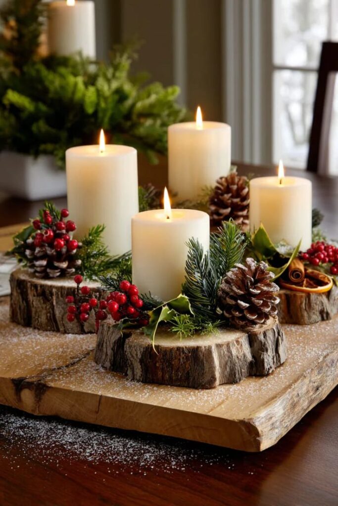 Festive centerpiece with lit candles, pinecones, red berries, and greenery on wooden slices, perfect for a cozy holiday table setting.