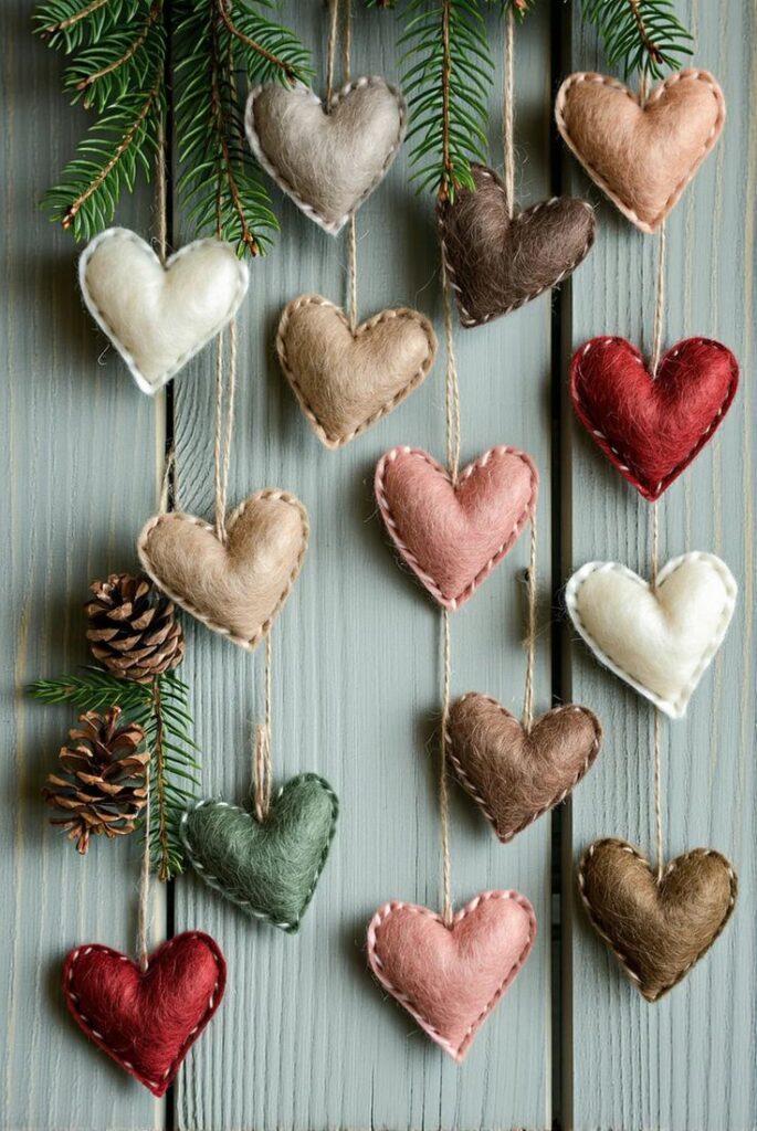 Felt heart ornaments hanging on jute strings with pinecones and evergreen branches, creating a cozy rustic decor on a wooden background.