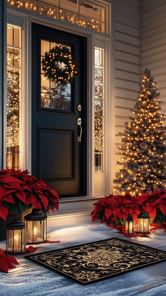 Festive Christmas porch with lights, wreath, poinsettias, and tree. Warm lanterns illuminate snowy doorstep creating cozy holiday ambiance.
