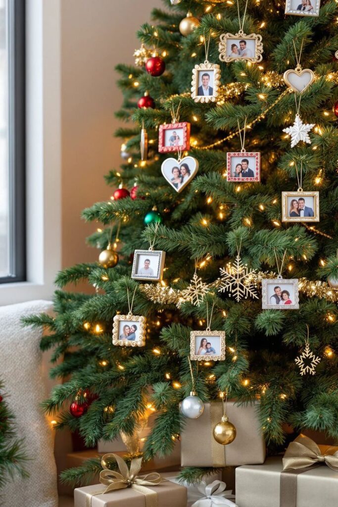 Festive Christmas tree adorned with glowing lights, family photo ornaments, and gold and silver wrapped gifts underneath. Cozy holiday decor.