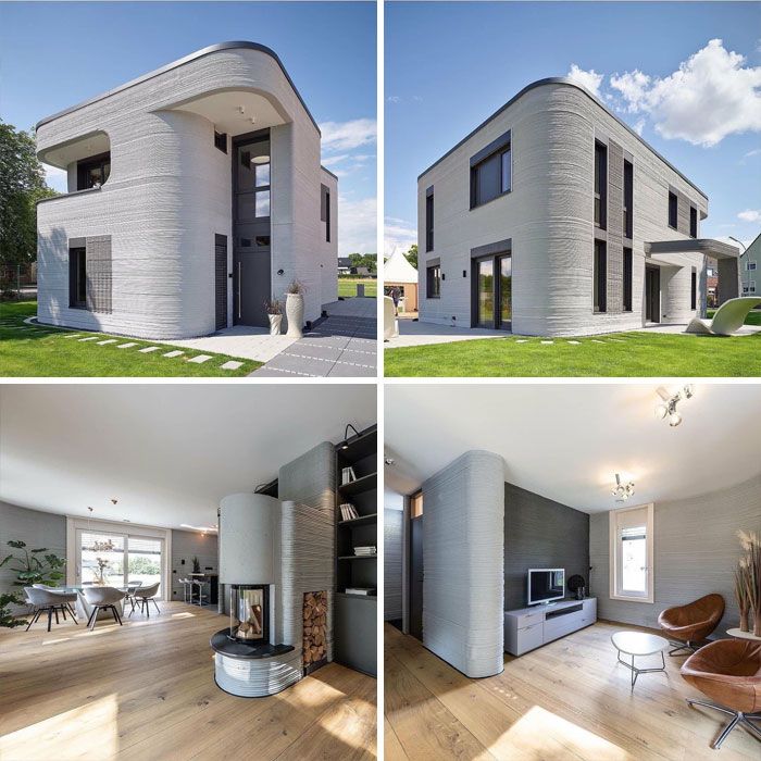 Modern 3D-printed house with sleek exterior and stylish interior design, featuring spacious rooms and contemporary decor in natural light.