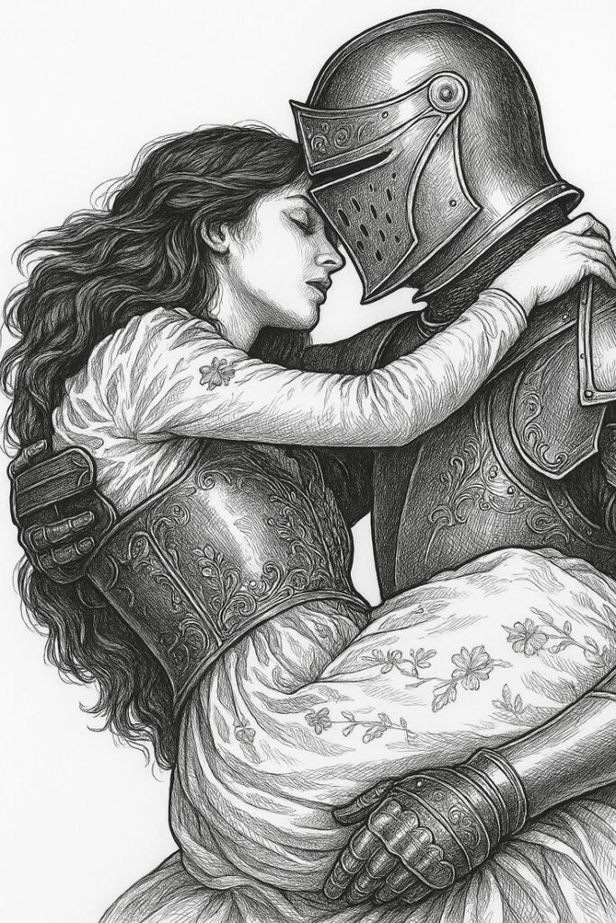 _ 32 Romantic medieval embrace: woman in floral dress embraces armored knight, capturing timeless elegance and love. Black and white illustration. | Sky Rye Design Romantic medieval embrace: woman in floral dress embraces armored knight, capturing timeless elegance and love. Black and white illustration.
