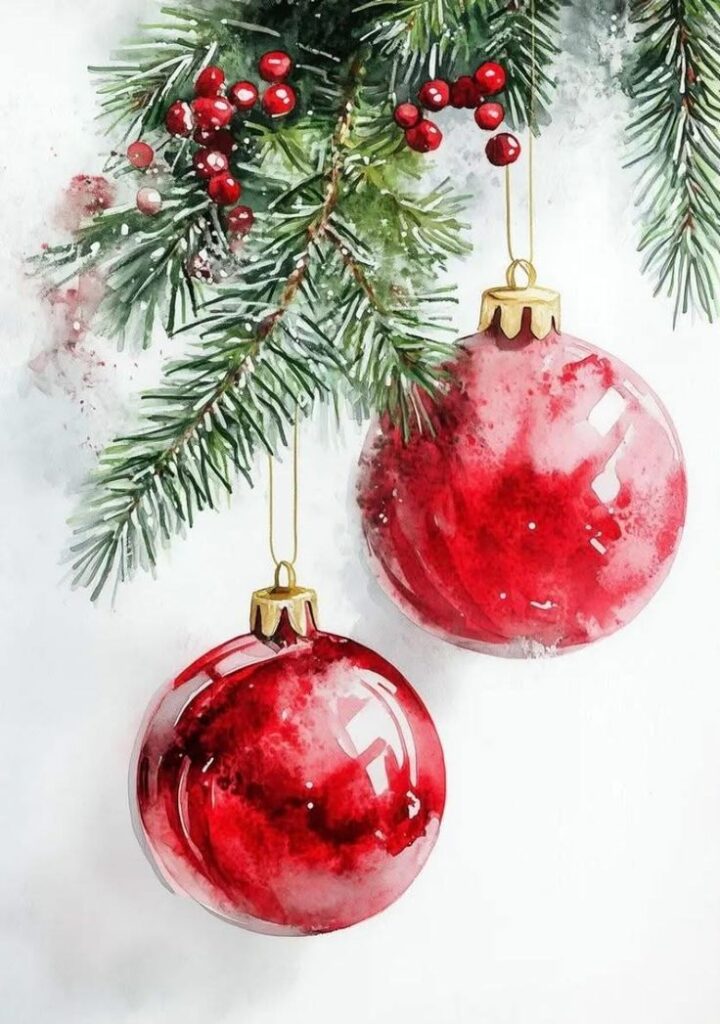 _ 32 Festive watercolor illustration of red Christmas ornaments hanging on a pine branch with berries. Perfect holiday decoration art. | Sky Rye Design Festive watercolor illustration of red Christmas ornaments hanging on a pine branch with berries. Perfect holiday decoration art.
