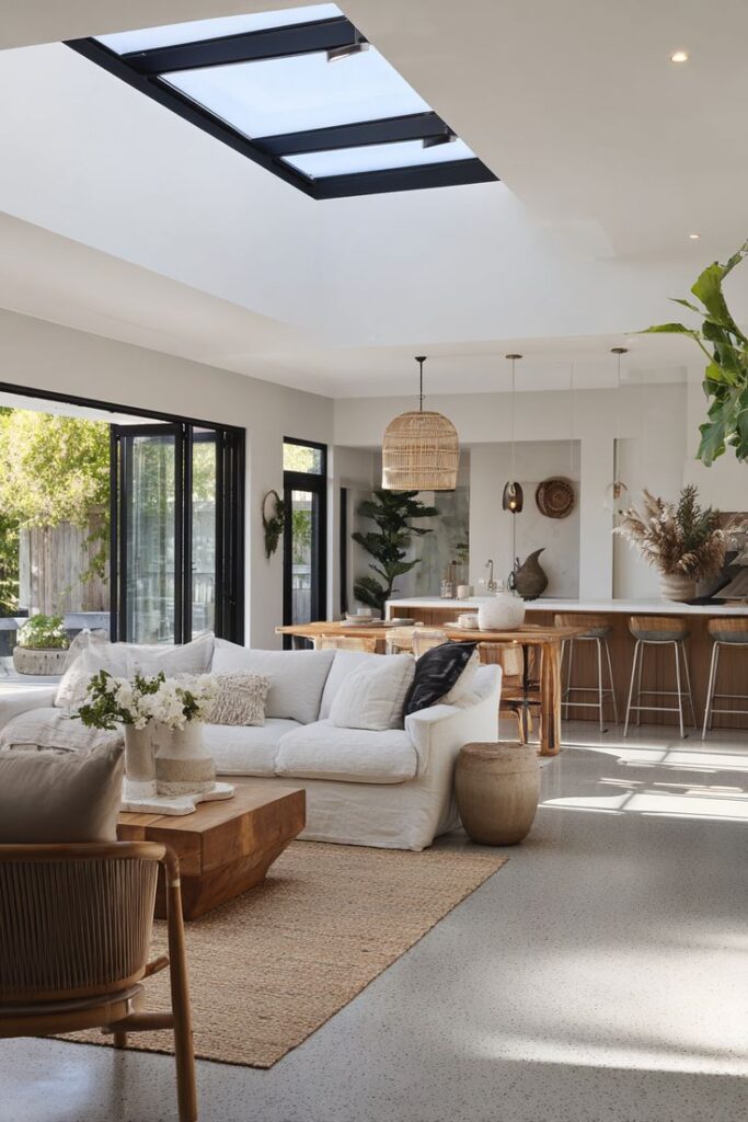 Modern open-plan living area with white sofa, wooden furniture, skylight, and indoor plants, blending natural light and cozy decor.