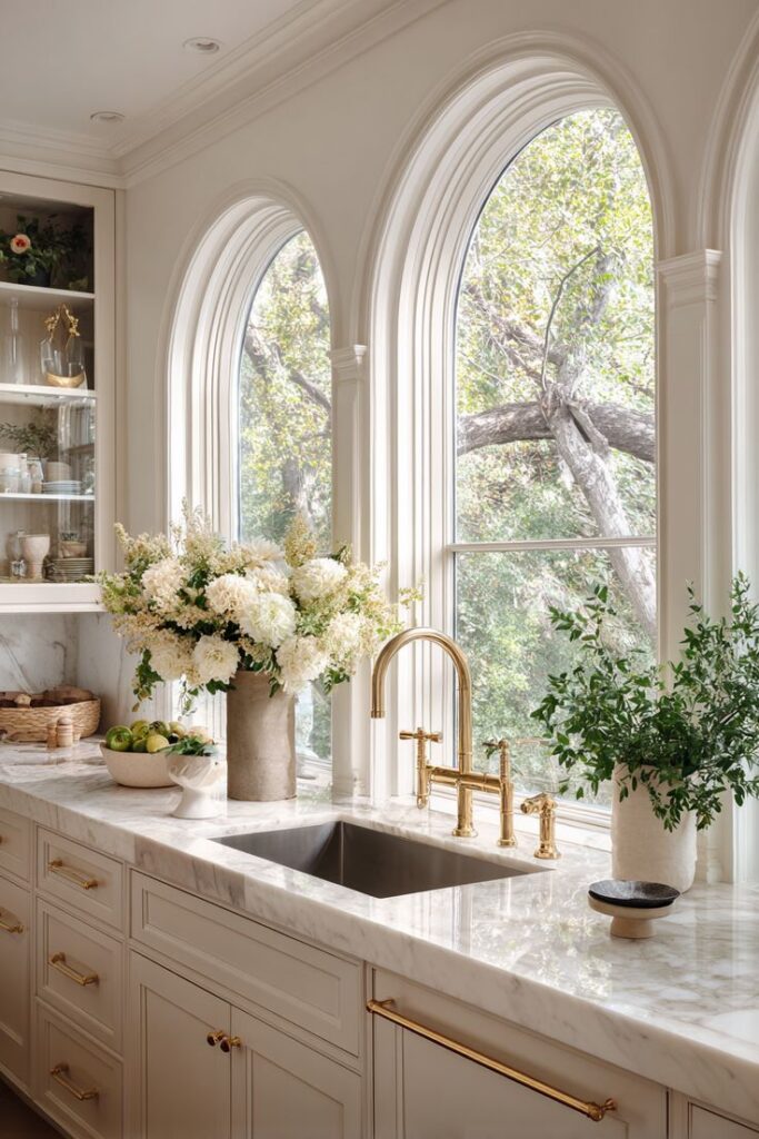 Elegant kitchen with arched windows, marble countertops, gold faucet, and floral decor, offering a bright and sophisticated ambiance.