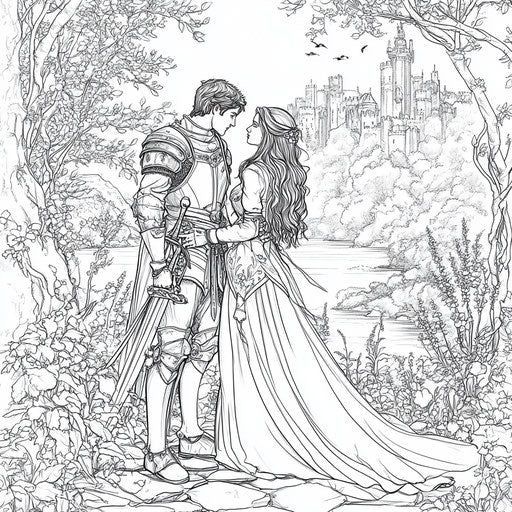 _ 33 Medieval knight and lady stand romantically by a river with a castle in the background, surrounded by lush trees and nature. | Sky Rye Design Medieval knight and lady stand romantically by a river with a castle in the background, surrounded by lush trees and nature.