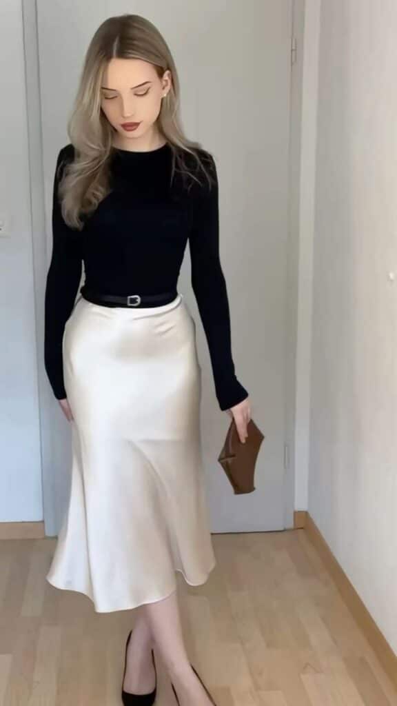_ 33 Woman in chic black top and elegant cream skirt holding a brown clutch, showcasing modern minimalist fashion. | Sky Rye Design Woman in chic black top and elegant cream skirt holding a brown clutch, showcasing modern minimalist fashion.