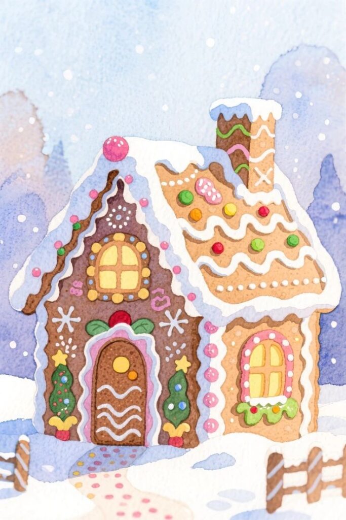 _ 33 Whimsical gingerbread house with candy decorations, snowy roof, and festive designs, set against a wintery landscape. | Sky Rye Design Whimsical gingerbread house with candy decorations, snowy roof, and festive designs, set against a wintery landscape.
