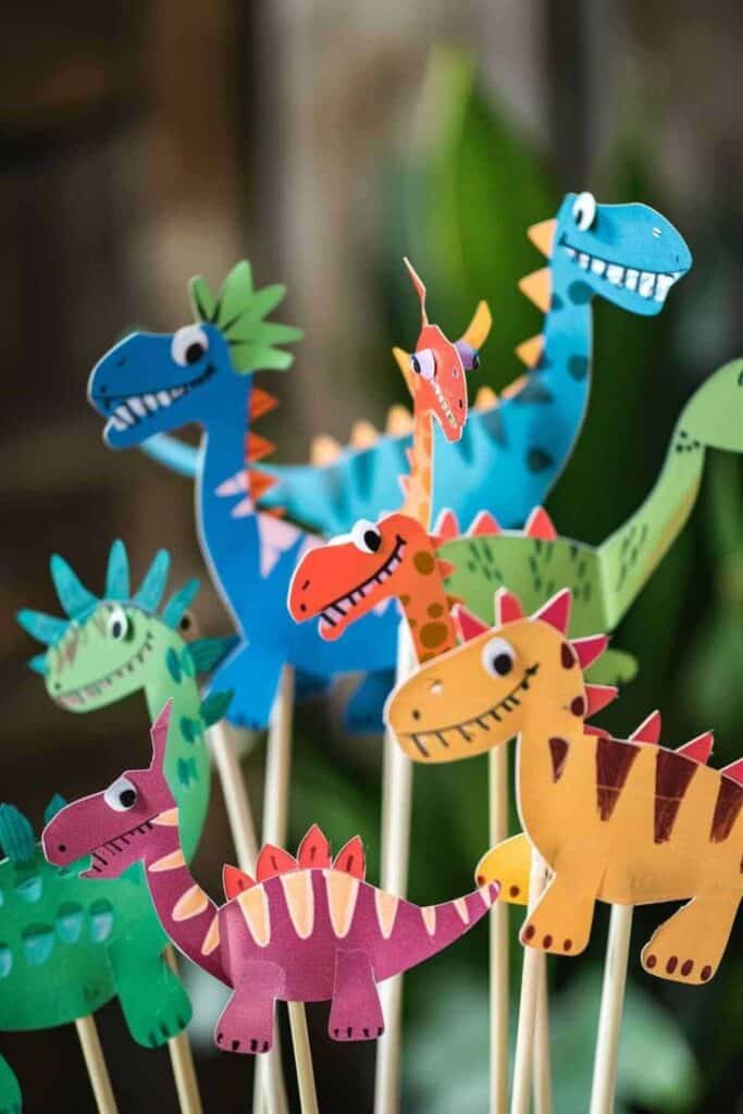 33 Dinosaur Craft Ideas_ Fun Projects for Prehistoric Playtime Colorful paper dinosaur decorations on sticks, perfect for kids' crafts or themed party decor against a blurred natural backdrop. | Sky Rye Design Colorful paper dinosaur decorations on sticks, perfect for kids' crafts or themed party decor against a blurred natural backdrop.