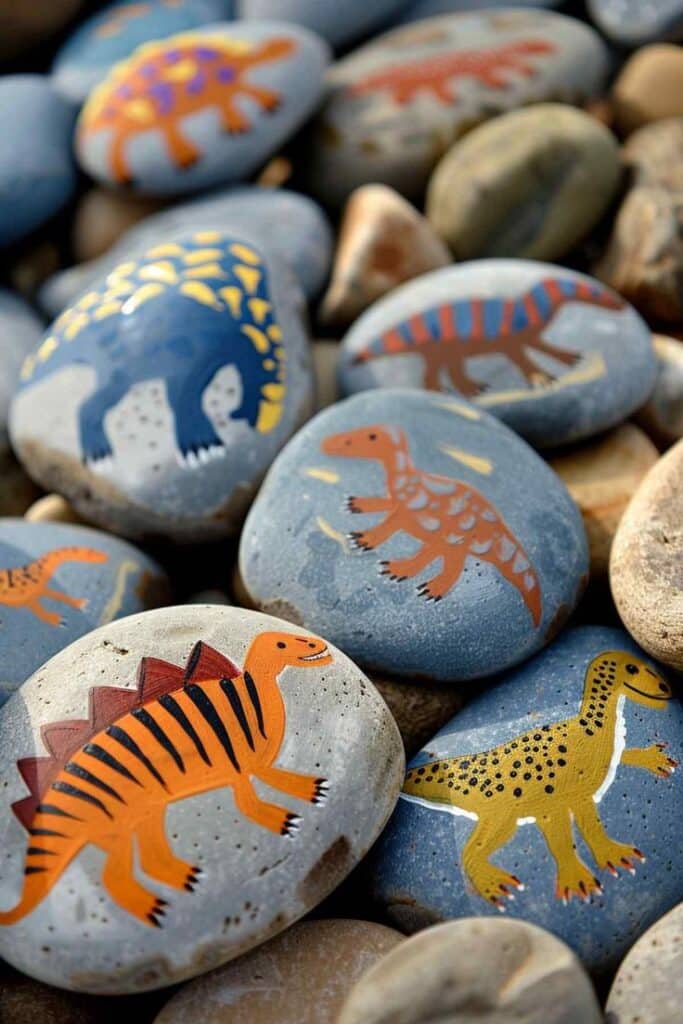 33 Fun and Simple Dinosaur Craft Ideas for Kids Colorful dinosaur-themed painted rocks displayed on a bed of pebbles, showcasing playful prehistoric art for creative decoration. | Sky Rye Design Colorful dinosaur-themed painted rocks displayed on a bed of pebbles, showcasing playful prehistoric art for creative decoration.