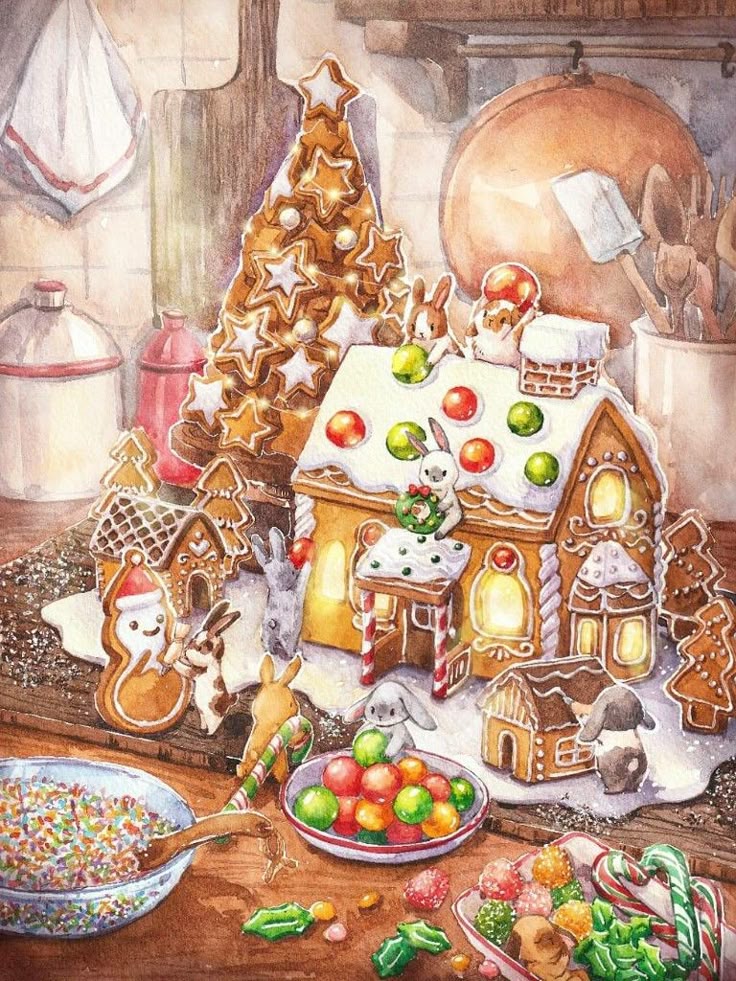 _ 34 Whimsical gingerbread house and cookies with candy decorations and playful animals in a cozy kitchen setting. | Sky Rye Design Whimsical gingerbread house and cookies with candy decorations and playful animals in a cozy kitchen setting.