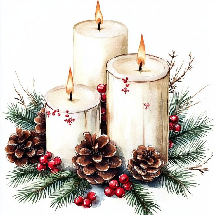 Three lit candles with pinecones and red berries, surrounded by evergreen branches for a festive holiday decor.