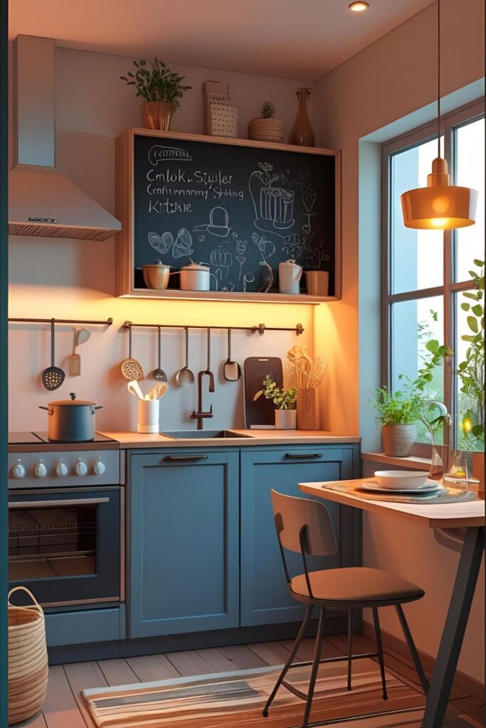 Cozy modern kitchen with blue cabinets, chalkboard, warm lighting, and wooden dining area, plants by window create inviting atmosphere.