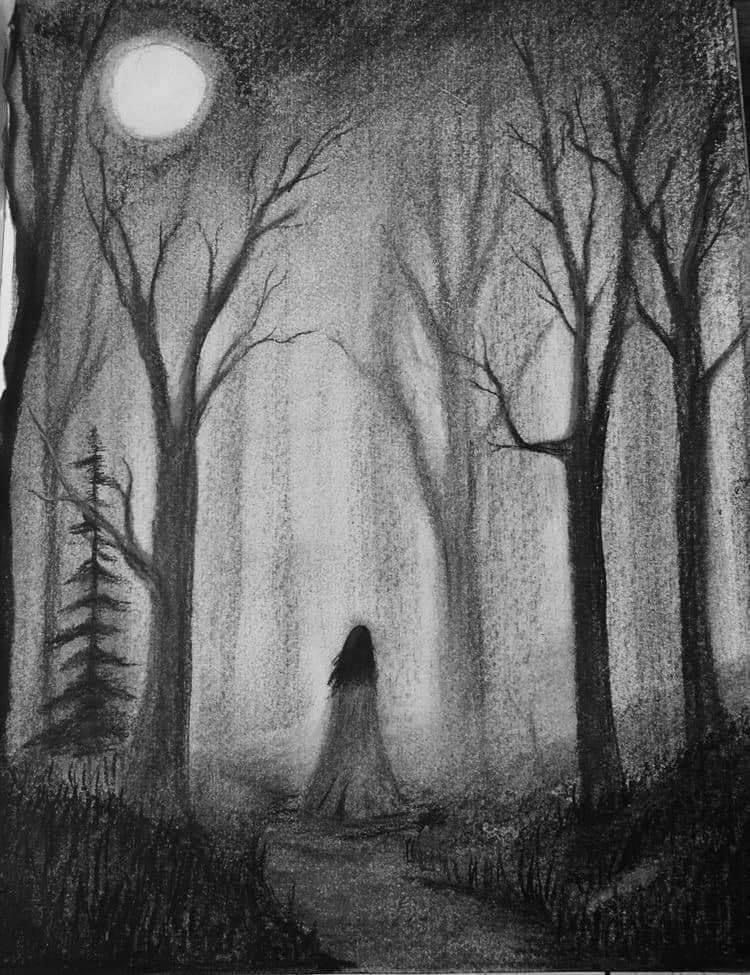 Mysterious figure in a moonlit forest, surrounded by bare trees. Eerie nighttime scene captured in black and white artwork.
