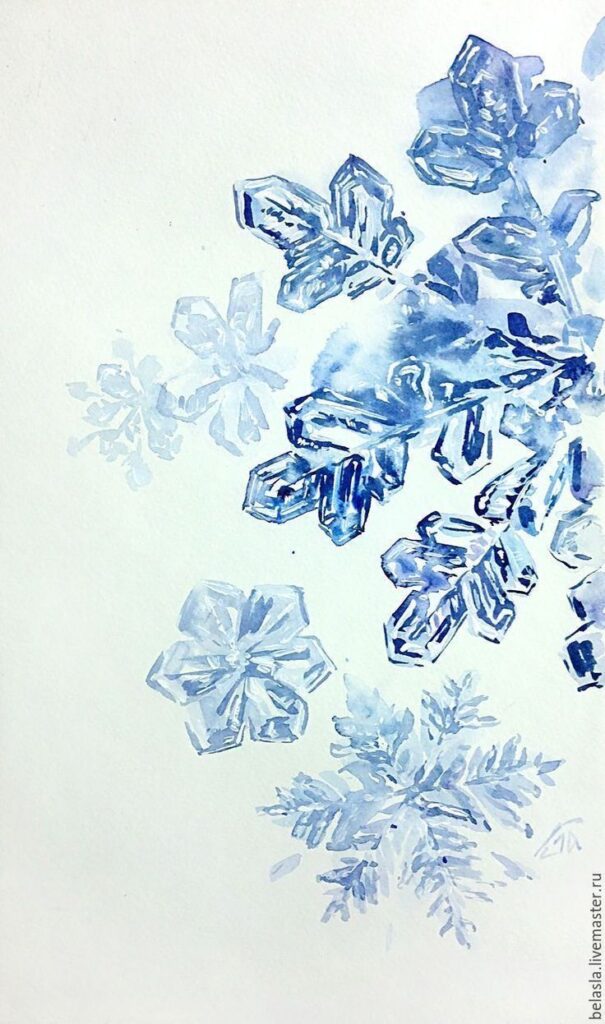 _ 36 Watercolor painting of intricate blue snowflakes on a white background, showcasing their delicate patterns and icy beauty. | Sky Rye Design Watercolor painting of intricate blue snowflakes on a white background, showcasing their delicate patterns and icy beauty.