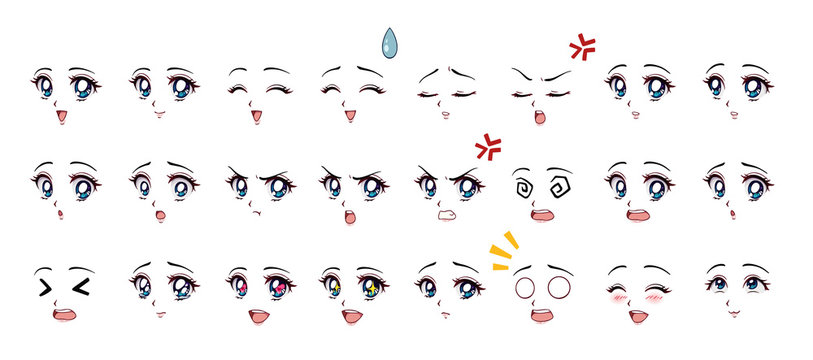 Cute anime facial expressions chart featuring various emotions including happy, sad, angry, and surprised, depicted through different eye styles.