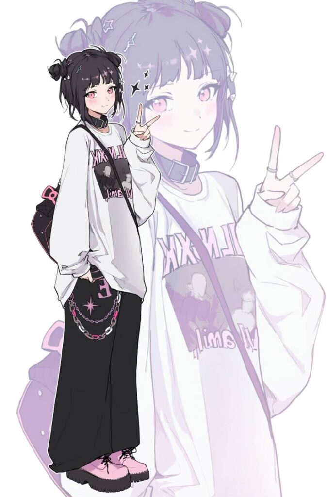 36316473-b1bb-404c-ba63-f2cb697c952d Anime girl with twin buns, peace sign, and casual outfit featuring a graphic sweatshirt, chain accessories, and pink shoes. Trendy style. | Sky Rye Design Anime girl with twin buns, peace sign, and casual outfit featuring a graphic sweatshirt, chain accessories, and pink shoes. Trendy style.