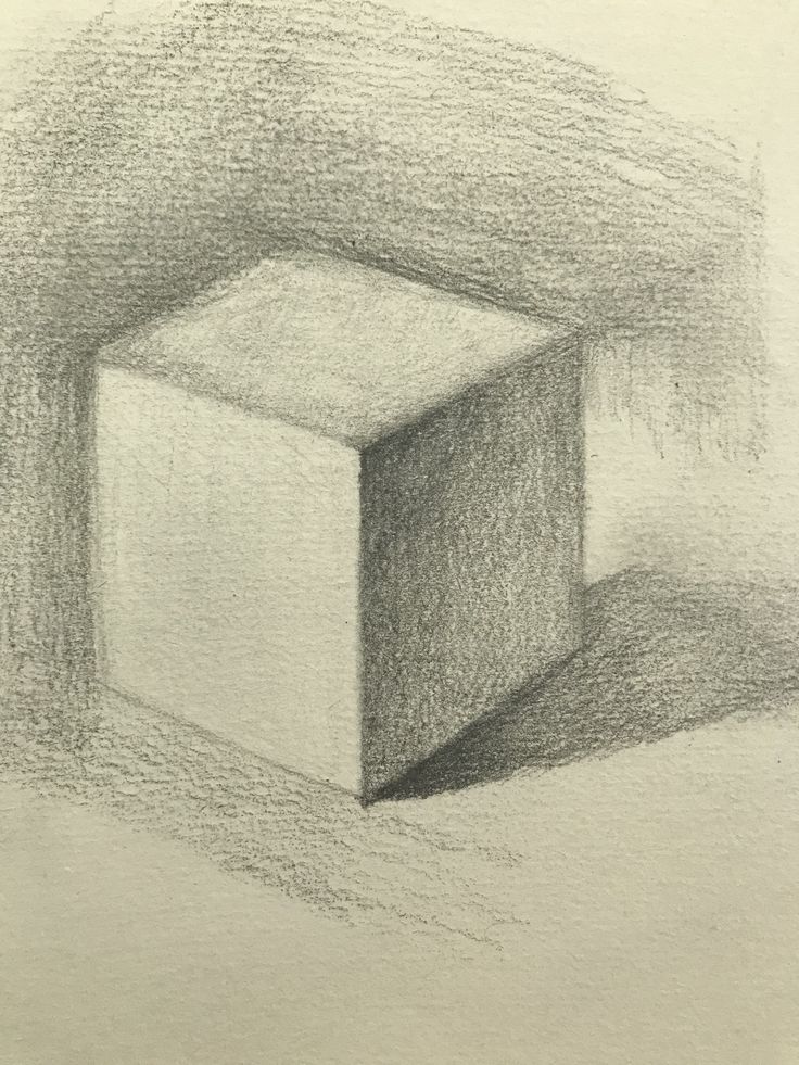 Pencil sketch of a shaded cube, showcasing light and shadow techniques in drawing. Bleak background enhances the three-dimensional effect.