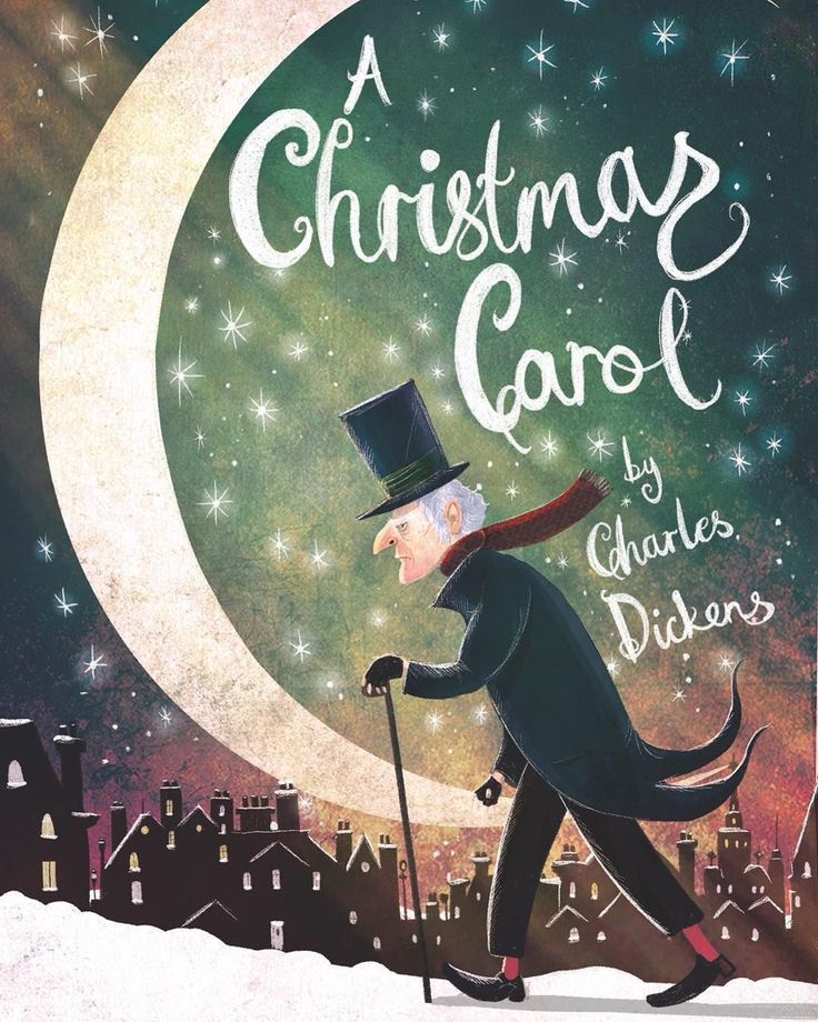 Illustrated cover of A Christmas Carol by Charles Dickens, featuring an elderly man walking under a starry night sky and crescent moon.