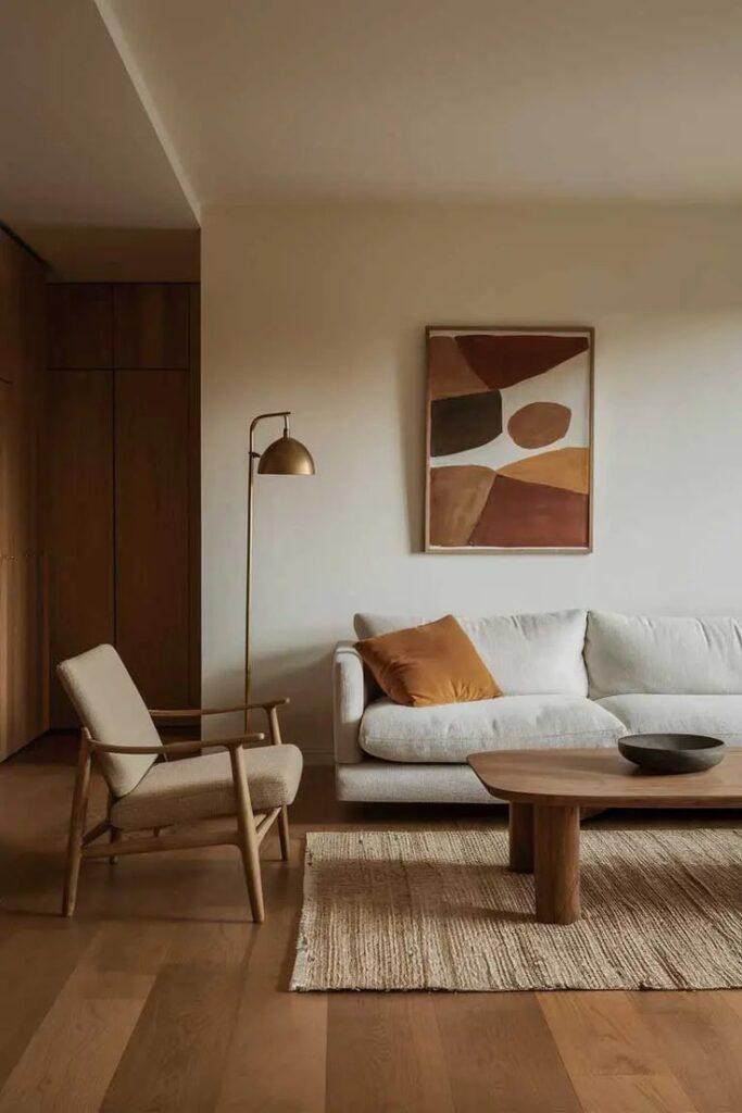 37 Elegant Minimalist Living Room Decor Ideas_ Simple Luxury Minimalist living room with beige sofa, abstract art, wooden chair, and coffee table on a textured rug. | Sky Rye Design Minimalist living room with beige sofa, abstract art, wooden chair, and coffee table on a textured rug.