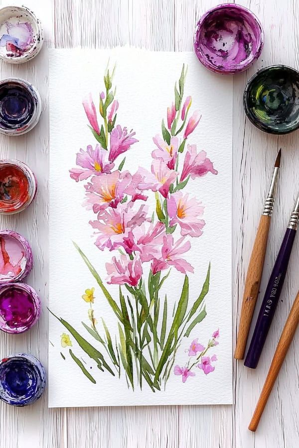 37 Flower Drawing Watercolor Ideas to Inspire Your Creativity Watercolor painting of pink flowers on paper, surrounded by paintbrushes and watercolor paints on a light wooden surface. | Sky Rye Design Watercolor painting of pink flowers on paper, surrounded by paintbrushes and watercolor paints on a light wooden surface.