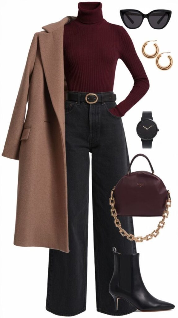 Chic fall outfit: camel coat, maroon turtleneck, black jeans, gold hoop earrings, sunglasses, black boots, watch, and purse with chain.