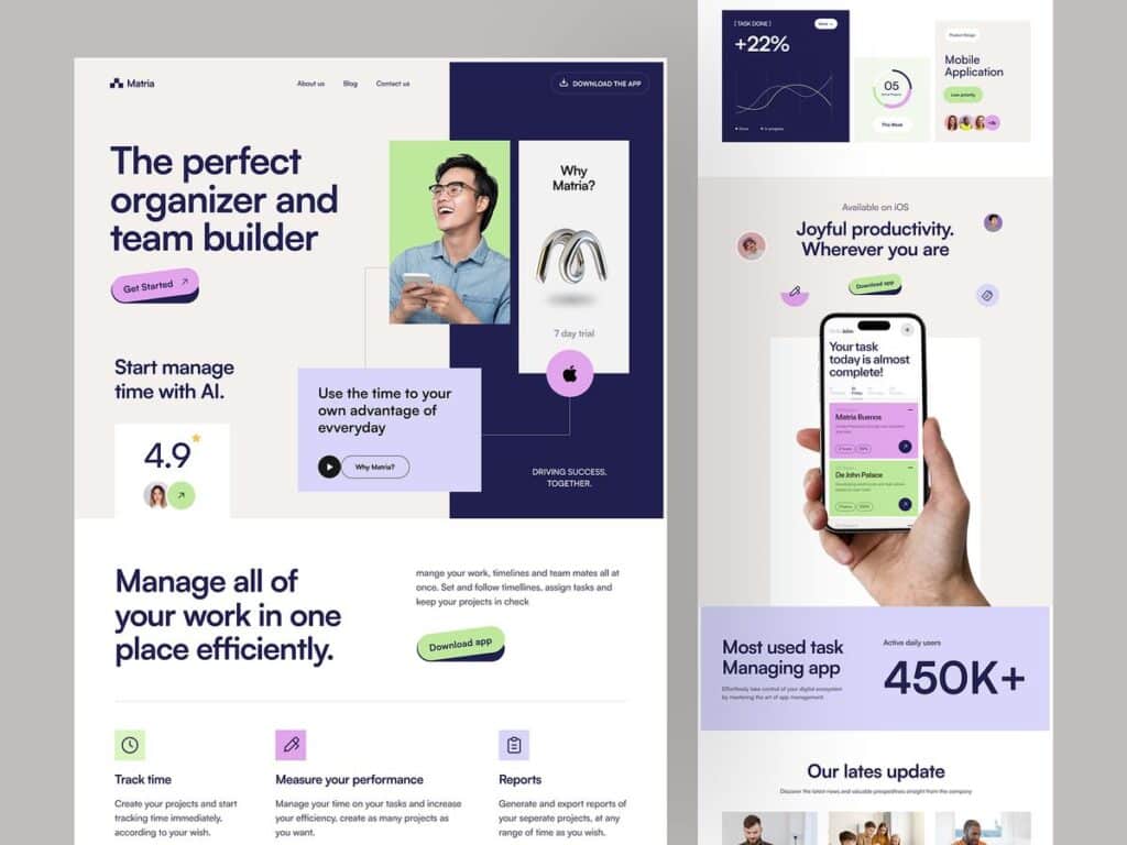 Modern app interface showcasing team management tools, AI integration, performance tracking, and mobile compatibility for efficient productivity.