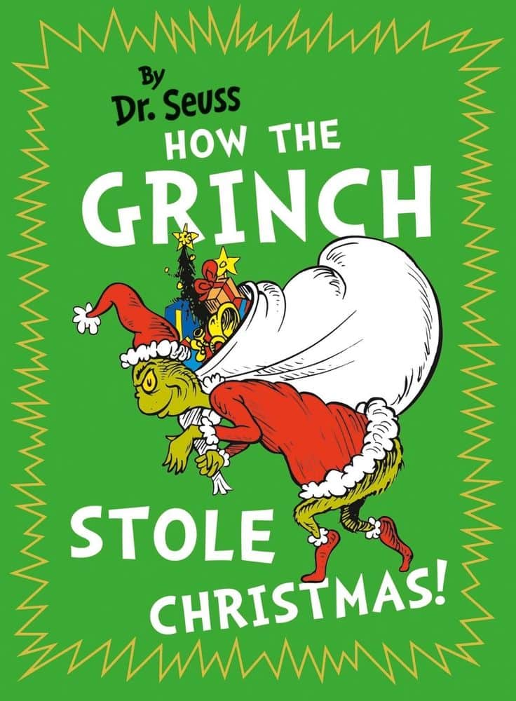 Green book cover of How the Grinch Stole Christmas! by Dr. Seuss, featuring the Grinch in a Santa suit carrying a sack.