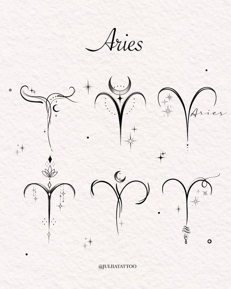 Elegant Aries tattoo designs featuring abstract symbols and celestial motifs on a textured background.