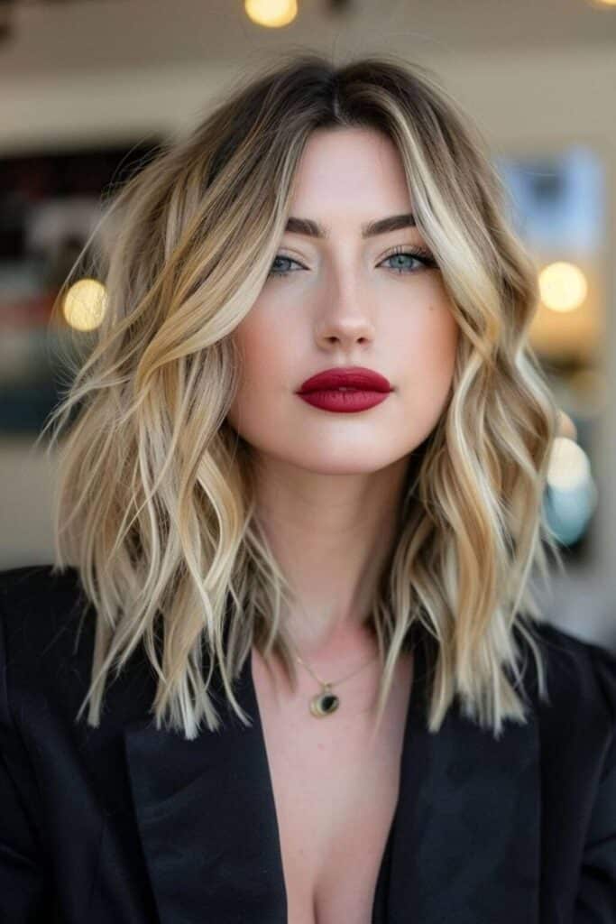 39 Low-Maintenance Medium-Length Haircuts for Busy Women Stylish woman with wavy blonde hair and red lipstick wearing a black outfit, standing indoors with soft lighting. | Sky Rye Design Stylish woman with wavy blonde hair and red lipstick wearing a black outfit, standing indoors with soft lighting.