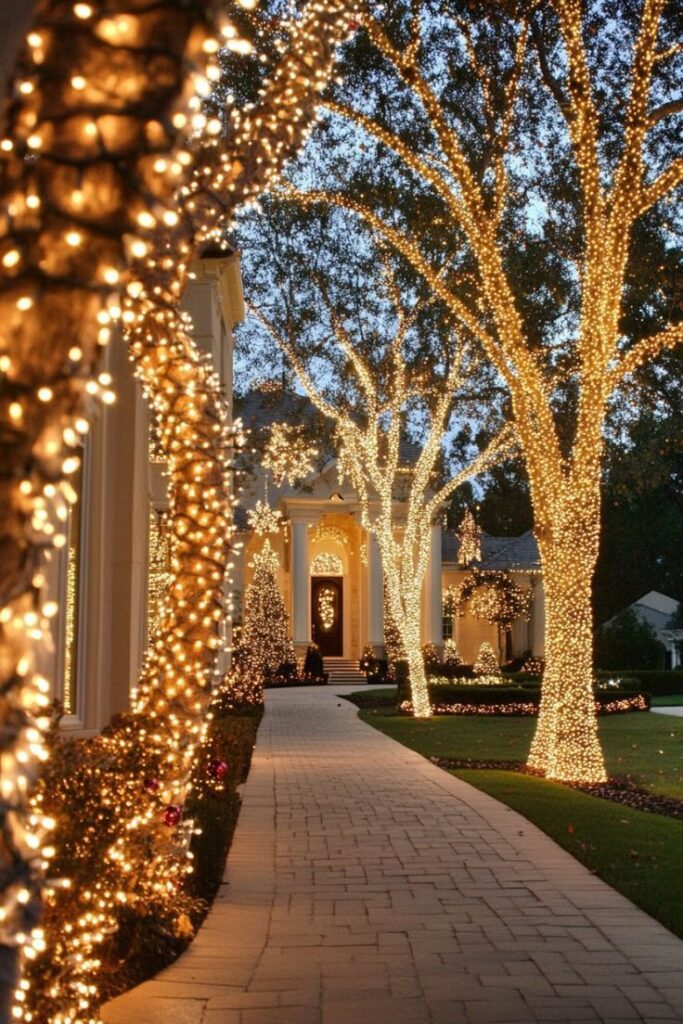 Elegant holiday lights adorn trees and pathway of a luxurious home, creating a festive and inviting winter ambiance at dusk.