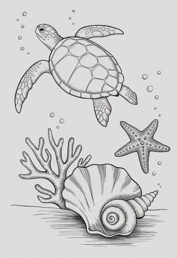 393b039a1663c8b0c71e03a6a5f53c9b Illustration of a sea turtle, starfish, coral reef, and seashells in an underwater scene with bubbles. Perfect for ocean-themed designs. | Sky Rye Design Illustration of a sea turtle, starfish, coral reef, and seashells in an underwater scene with bubbles. Perfect for ocean-themed designs.