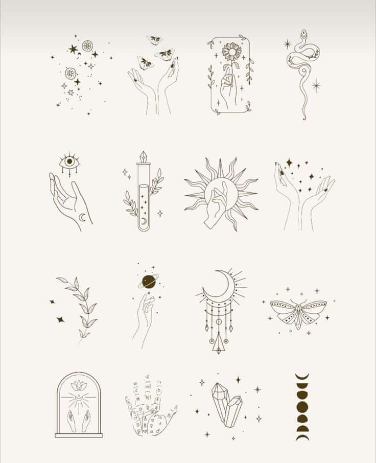 398703246fb65ccf15fce277cce6ec94 Mystical illustration set featuring hands, celestial symbols, butterflies, and crystals on a minimalist background. | Sky Rye Design Mystical illustration set featuring hands, celestial symbols, butterflies, and crystals on a minimalist background.