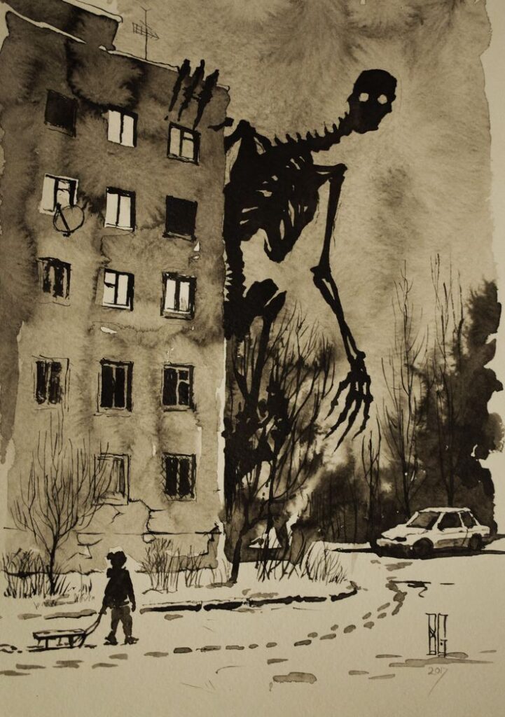 Spooky giant skeleton creature looms over a building, as a person and car appear small in comparison, in eerie black and white artwork.
