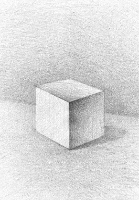 Pencil sketch of a 3D cube with light and shadow effects, emphasizing depth and perspective in a minimalist style.