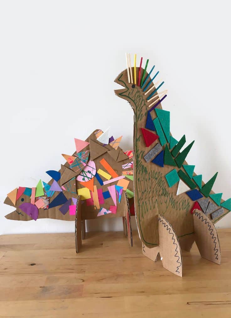 3D COLLAGE DINOSAUR Cardboard dinosaurs art project with colorful geometric decorations on a wooden table. Creative kids' craft idea. | Sky Rye Design Cardboard dinosaurs art project with colorful geometric decorations on a wooden table. Creative kids' craft idea.