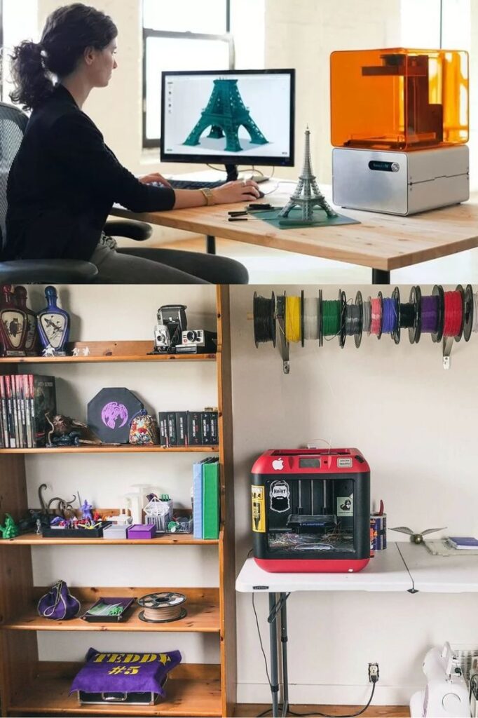 3D Printer at Home Person designing Eiffel Tower on computer beside 3D printer; colorful filament spools and 3D printed items on shelves. | Sky Rye Design Person designing Eiffel Tower on computer beside 3D printer; colorful filament spools and 3D printed items on shelves.