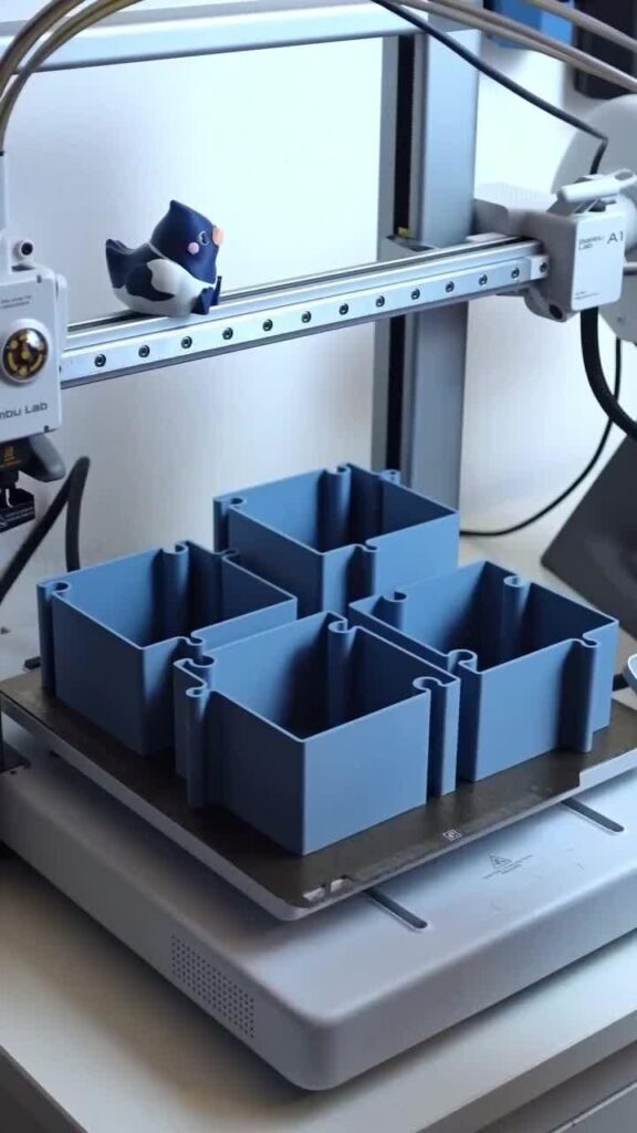 3D printer creating four blue containers, overseen by a small cat figurine on the printer rail.