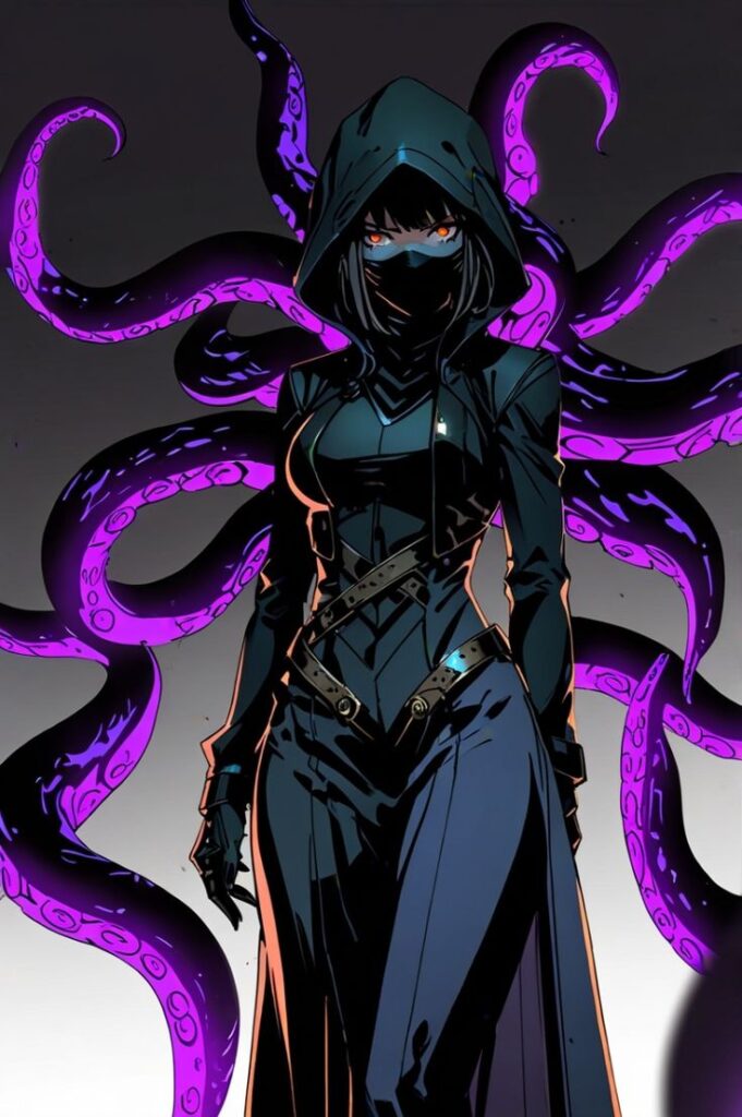 3bbd8f82-4491-4dbd-8954-81c84fe343bc Mysterious hooded character with glowing eyes and purple tentacles on a dark background, anime style illustration. | Sky Rye Design Mysterious hooded character with glowing eyes and purple tentacles on a dark background, anime style illustration.