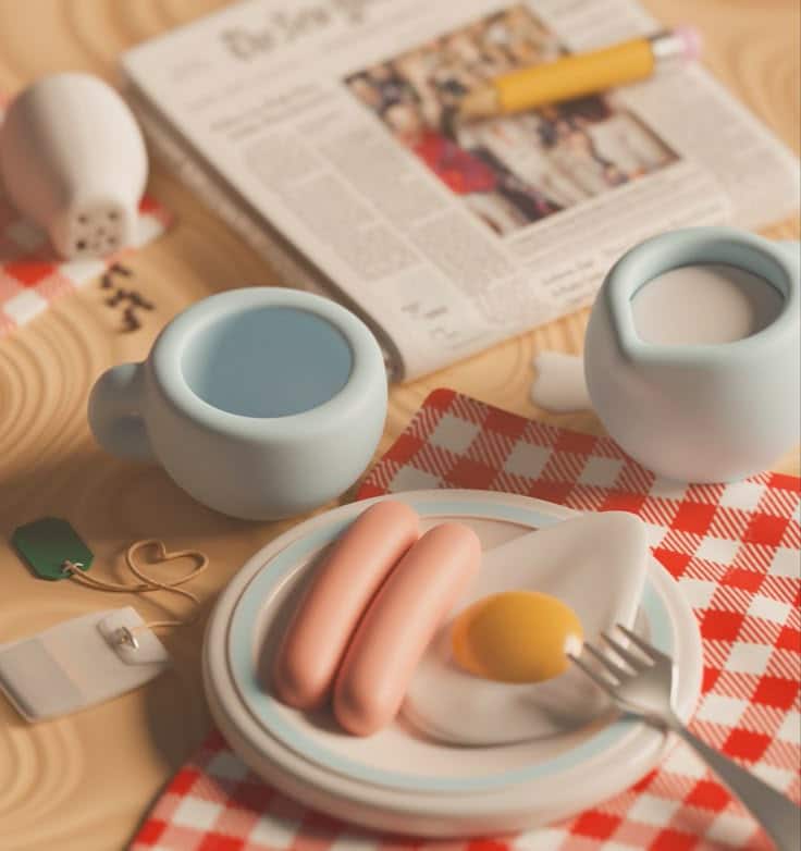 3d Cute breakfast Breakfast scene with fried egg, sausages, coffee, milk, and newspaper on a red-checkered tablecloth. | Sky Rye Design Breakfast scene with fried egg, sausages, coffee, milk, and newspaper on a red-checkered tablecloth.
