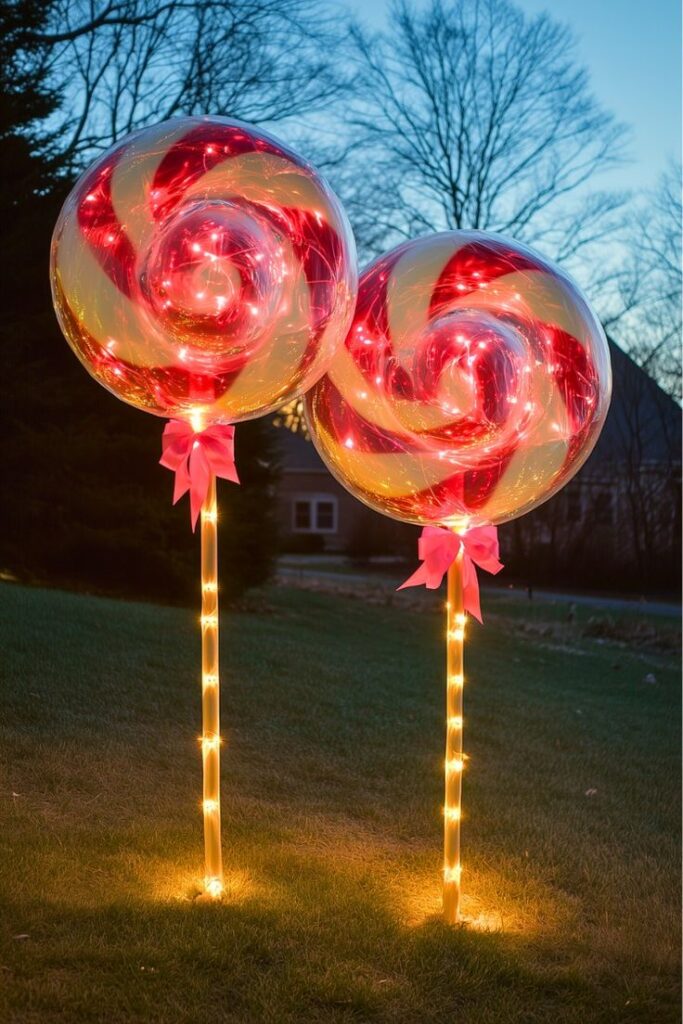 3e9e33a2766cae28fae302ee4119ea4b Twinkling giant candy decorations illuminate a garden at dusk with vibrant lights and colorful swirls, creating a festive outdoor display. | Sky Rye Design Twinkling giant candy decorations illuminate a garden at dusk with vibrant lights and colorful swirls, creating a festive outdoor display.