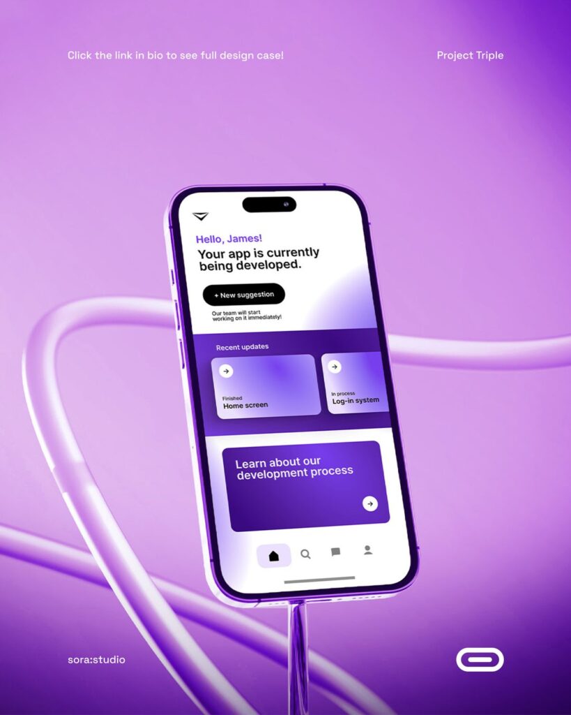3f6031b624a627c72d1d96c44b7c58be 1 Purple-themed smartphone interface showing app development progress and updates. Features include suggestions and learning about the process. | Sky Rye Design Purple-themed smartphone interface showing app development progress and updates. Features include suggestions and learning about the process.