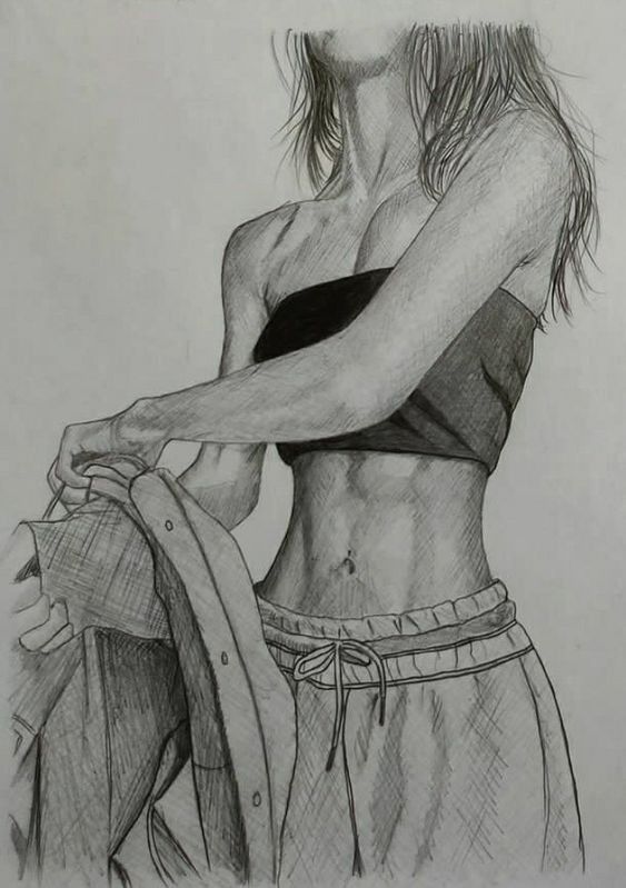 Sketch of a woman in a tube top and sweatpants, holding a jacket. Detailed pencil drawing showing her fit physique and casual wear.