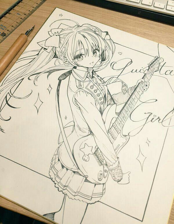 Anime girl with long hair and guitar, detailed sketch with decorative stars and text on notebook page.