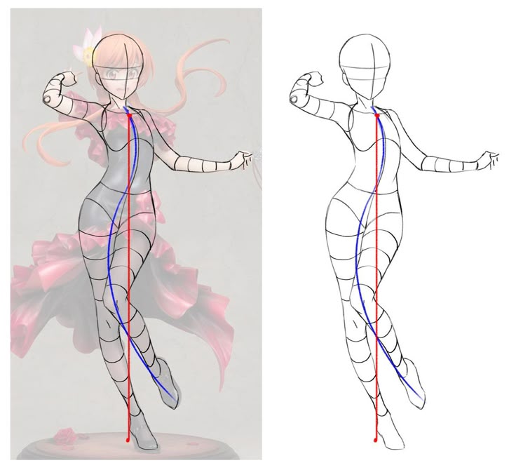 _ 4 Anime character drawing tutorial with guidelines, focusing on pose structure and linework for better proportions. | Sky Rye Design Anime character drawing tutorial with guidelines, focusing on pose structure and linework for better proportions.